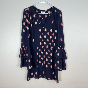 Parker Bell Sleeve 100% Silk Dress XS Navy Dot Print $299 Pintuck V-Neck